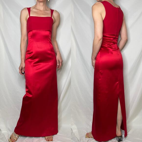 Vintage Cache red satin dress column cocktail maxi square‎ neck sleeveless S - Picture 13 of 17